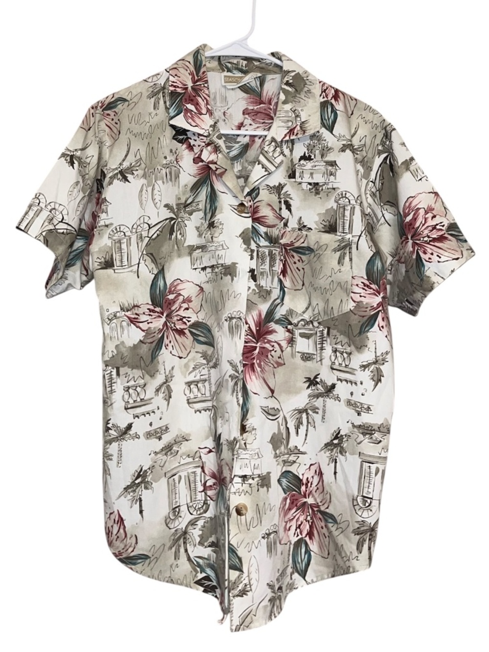 Vintage Season Ticket Women’s Multi Button Down Floral Print Summer Shirt Sz-M